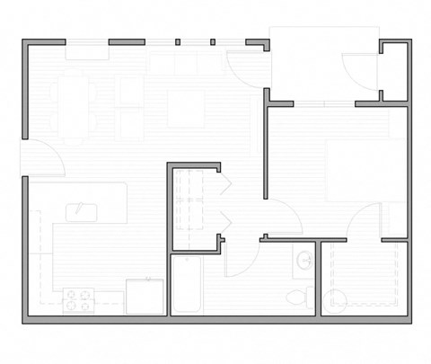 Floor plan for 1 bed, 1 bath, 608 sqft